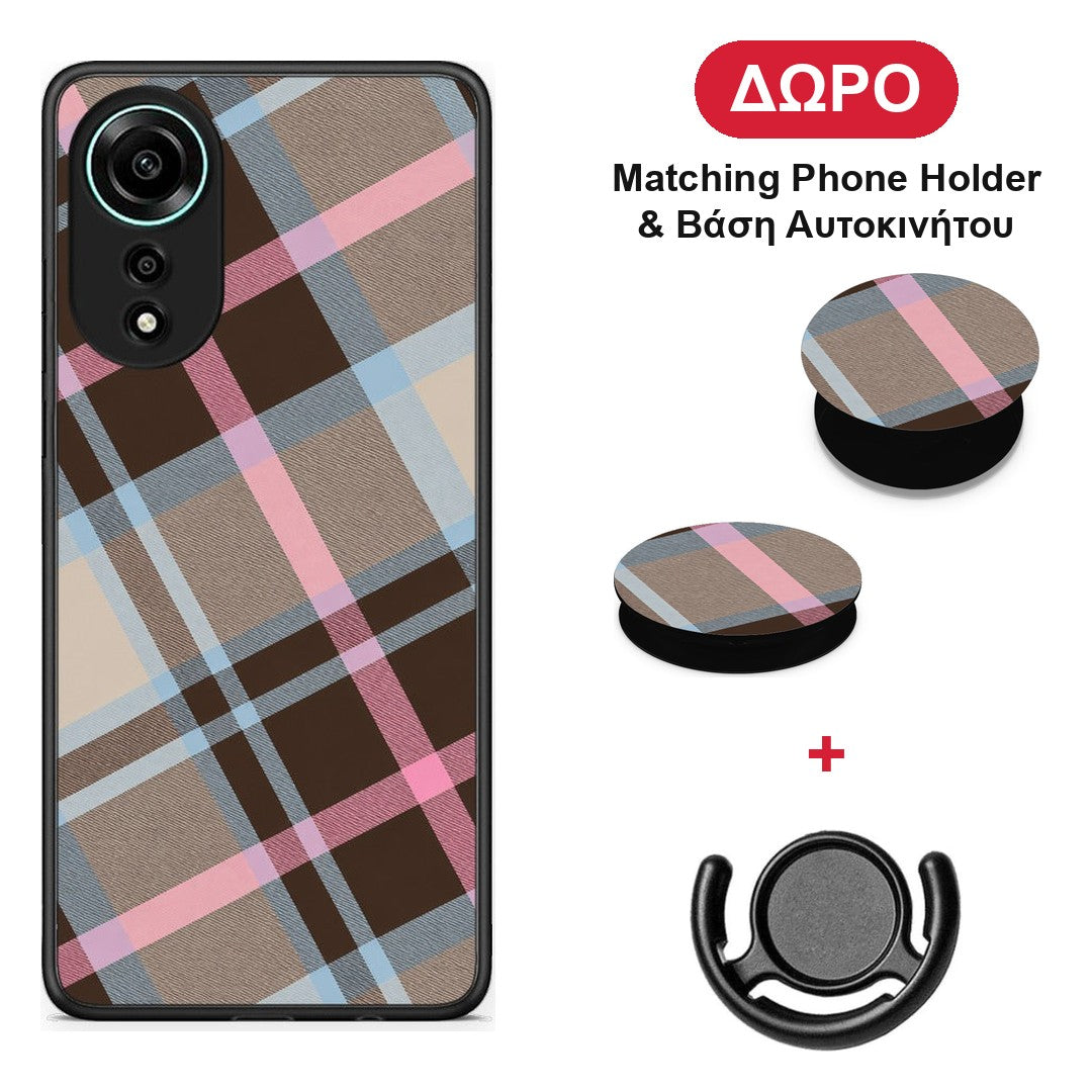 Brown Pink and Blue Diagonal Plaid - Oppo A78 4G θήκη + Δώρο Phone Holder & Βάση Αυτοκινήτου