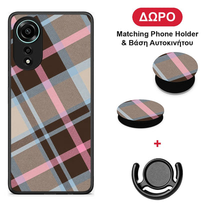 Brown Pink and Blue Diagonal Plaid - Oppo A78 4G θήκη + Δώρο Phone Holder & Βάση Αυτοκινήτου
