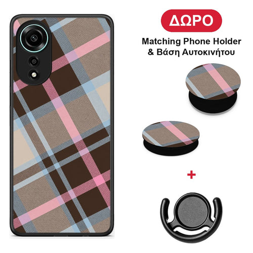 Brown Pink and Blue Diagonal Plaid - Oppo A78 4G θήκη + Δώρο Phone Holder & Βάση Αυτοκινήτου