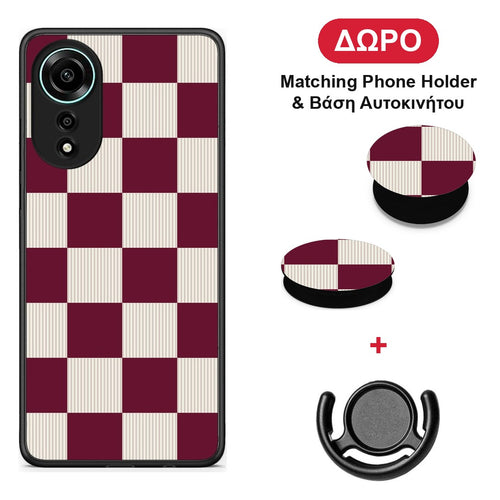 Burgundy and Cream Striped Checks - Oppo A78 4G θήκη + Δώρο Phone Holder & Βάση Αυτοκινήτου