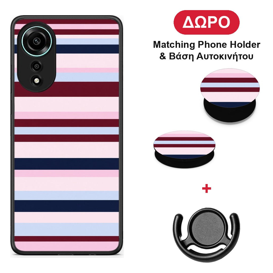 Burgundy Pink and Blue Horizontal Stripes - Oppo A78 4G θήκη + Δώρο Phone Holder & Βάση Αυτοκινήτου