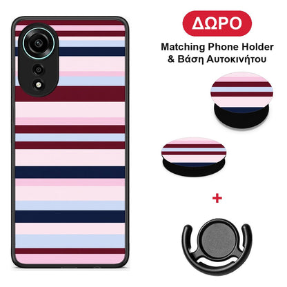 Burgundy Pink and Blue Horizontal Stripes - Oppo A78 4G θήκη + Δώρο Phone Holder & Βάση Αυτοκινήτου