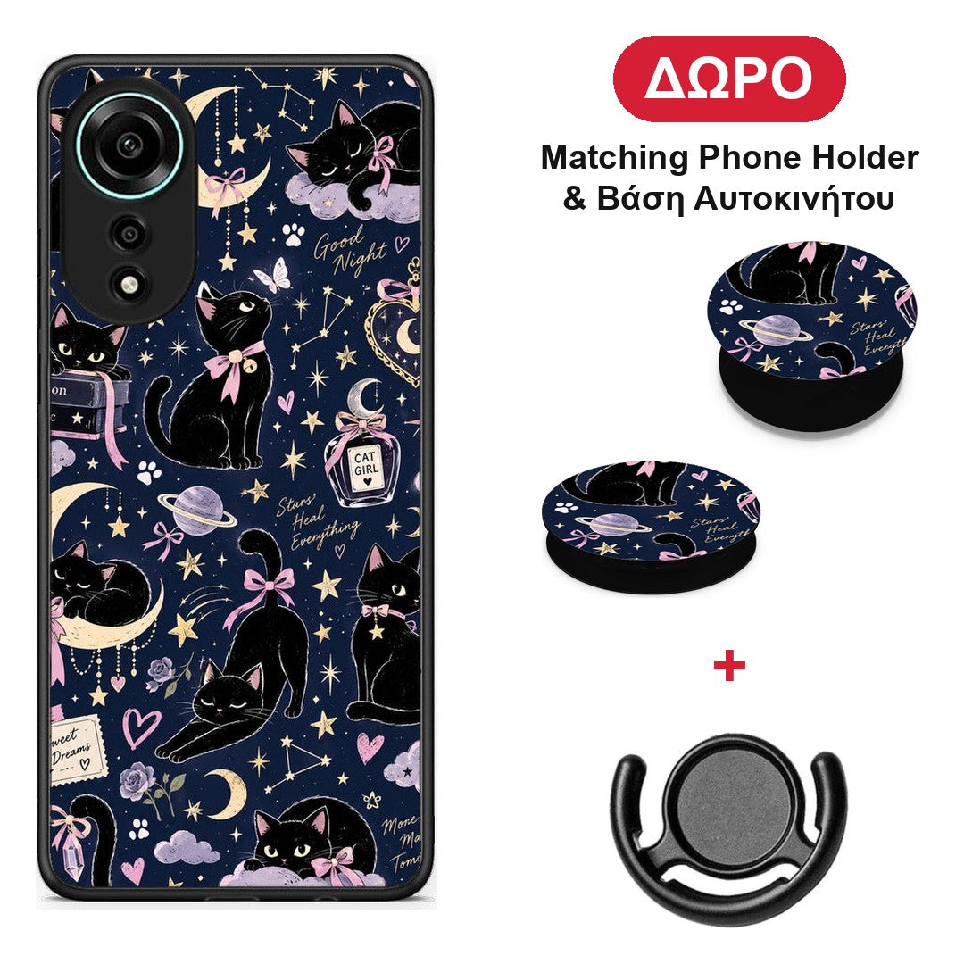 Celestial Black Cats on Navy - Oppo A78 4G θήκη + Δώρο Phone Holder & Βάση Αυτοκινήτου