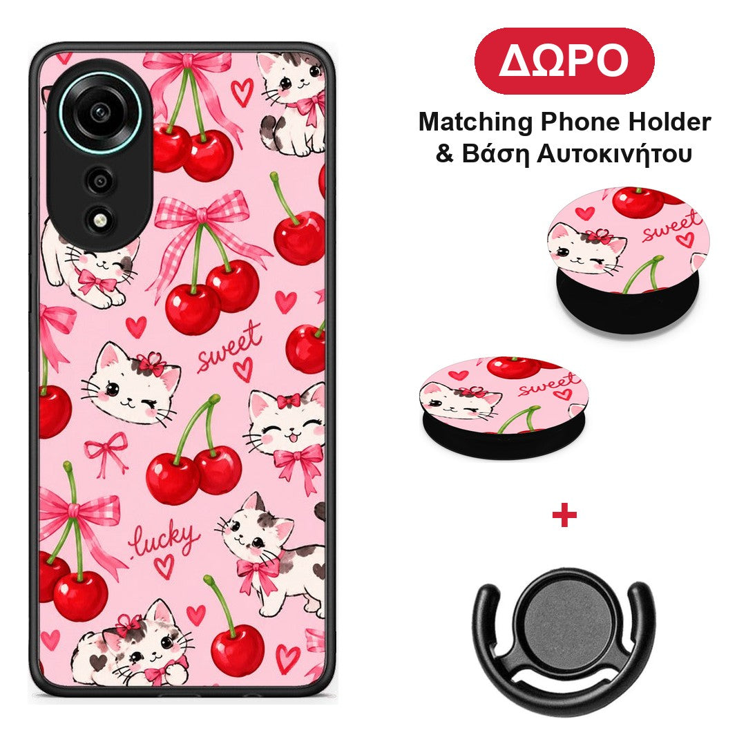 Cherries Bows and Kittens on Pink - Oppo A78 4G θήκη + Δώρο Phone Holder & Βάση Αυτοκινήτου