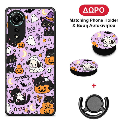 Halloween Black Cats on Lilac - Oppo A78 4G θήκη + Δώρο Phone Holder & Βάση Αυτοκινήτου