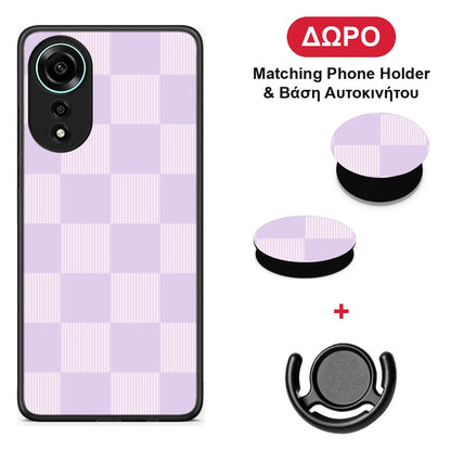 Lilac and Cream Striped Checks - Oppo A78 4G θήκη + Δώρο Phone Holder & Βάση Αυτοκινήτου