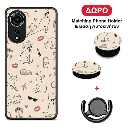 Minimal Cat and Fashion Doodles on Cream - Oppo A78 4G θήκη + Δώρο Phone Holder & Βάση Αυτοκινήτου