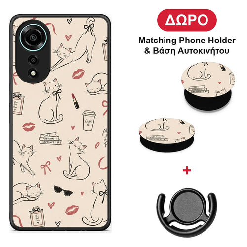 Minimal Cat and Fashion Doodles on Cream - Oppo A78 4G θήκη + Δώρο Phone Holder & Βάση Αυτοκινήτου