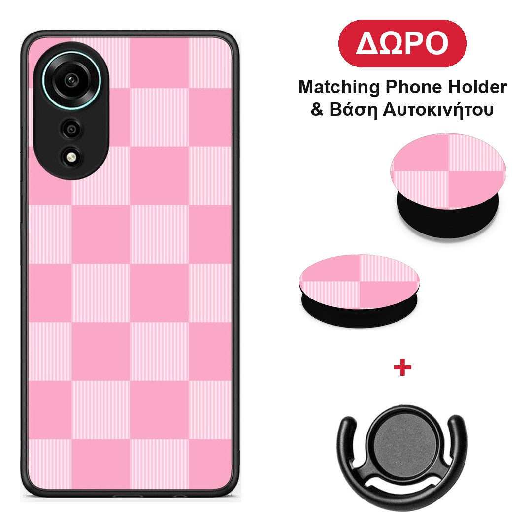Pink and White Striped Checks - Oppo A78 4G θήκη + Δώρο Phone Holder & Βάση Αυτοκινήτου