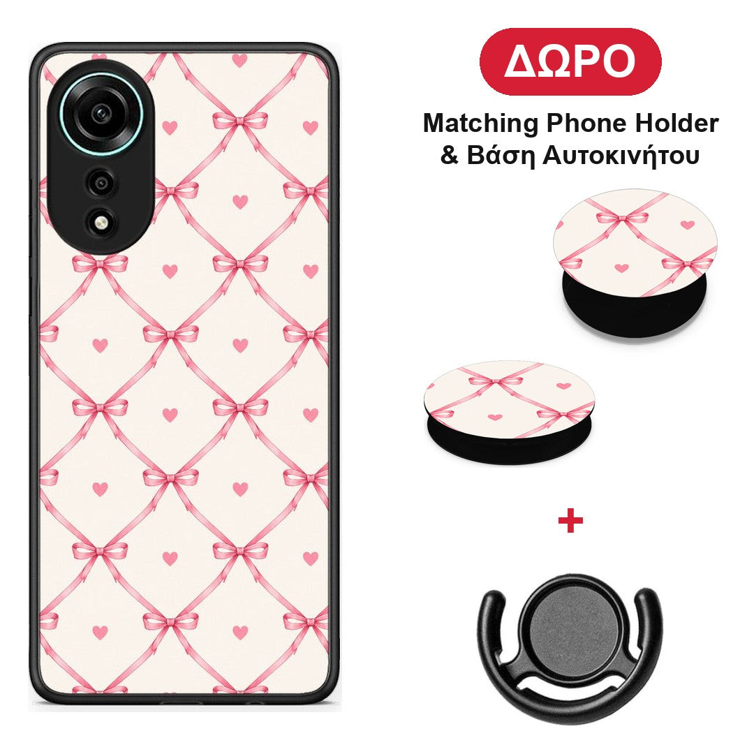 Pink Bow Lattice and Hearts on Cream - Oppo A78 4G θήκη + Δώρο Phone Holder & Βάση Αυτοκινήτου