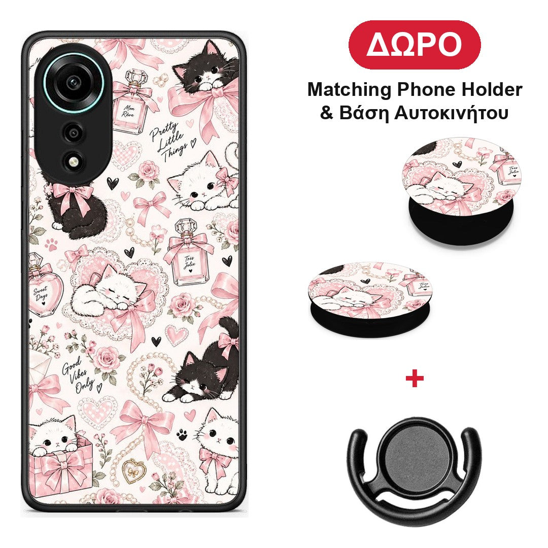 Pink Bows and Kittens Collage - Oppo A78 4G θήκη + Δώρο Phone Holder & Βάση Αυτοκινήτου