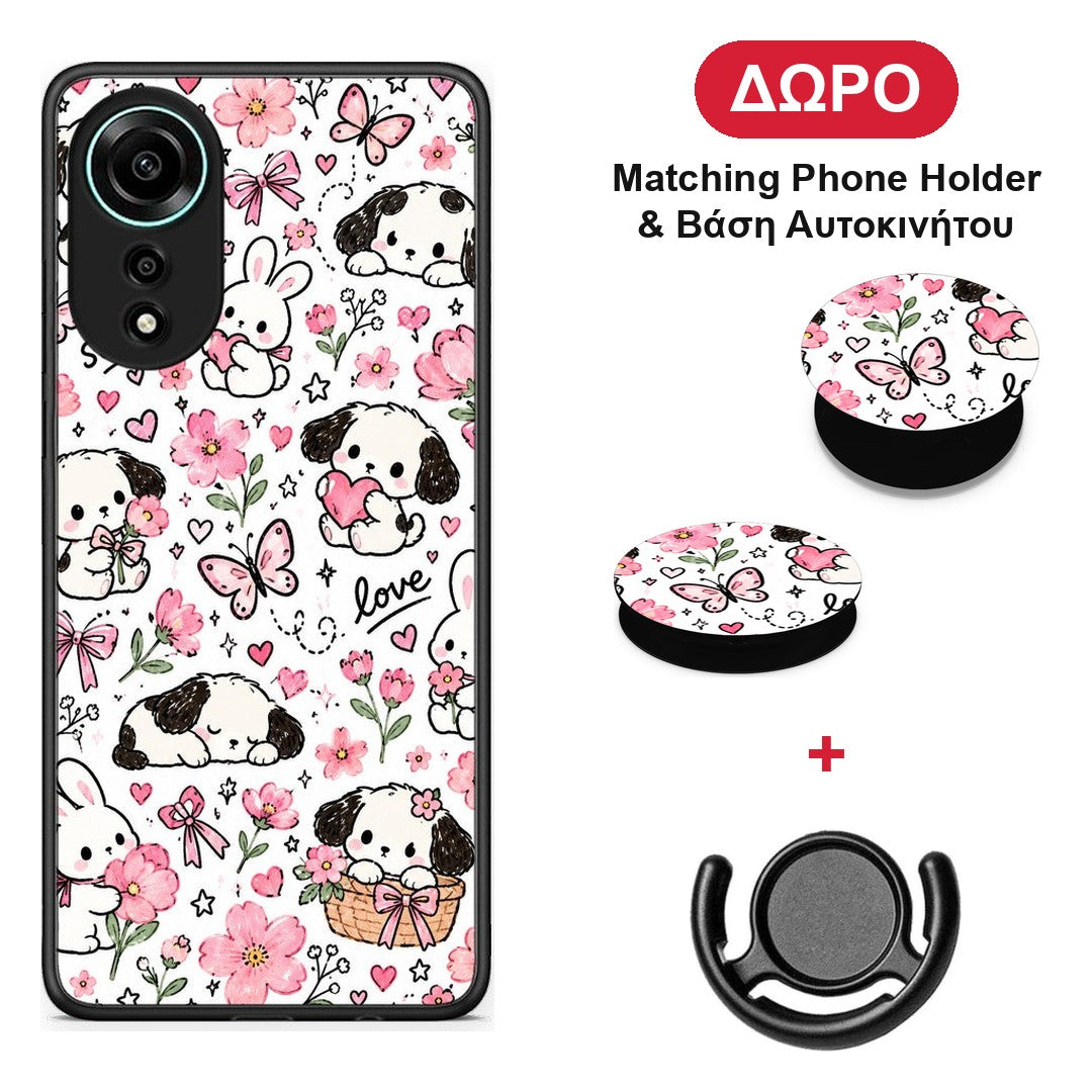 Pink Florals Puppies and Bunnies on White - Oppo A78 4G θήκη + Δώρο Phone Holder & Βάση Αυτοκινήτου