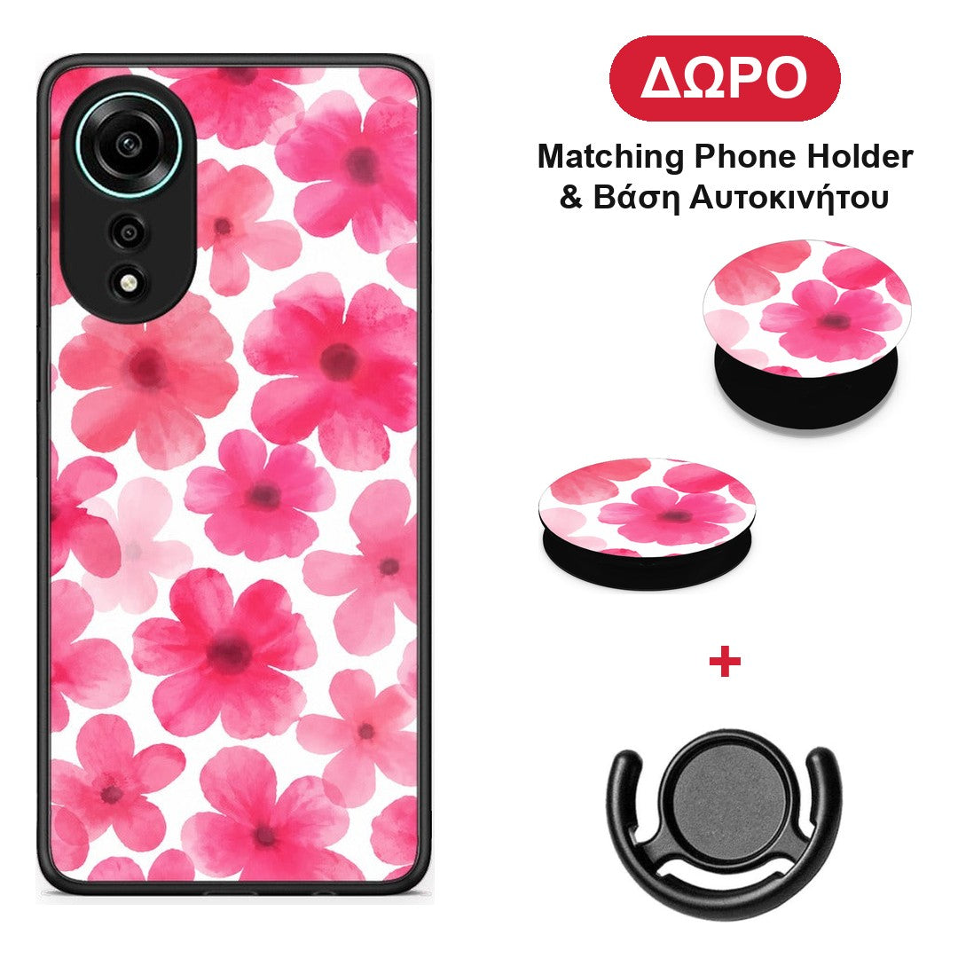 Pink Watercolour Flowers on White - Oppo A78 4G θήκη + Δώρο Phone Holder & Βάση Αυτοκινήτου