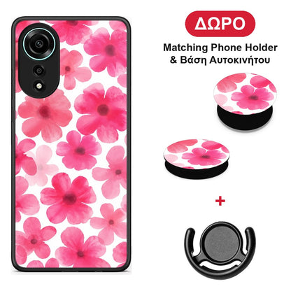 Pink Watercolour Flowers on White - Oppo A78 4G θήκη + Δώρο Phone Holder & Βάση Αυτοκινήτου