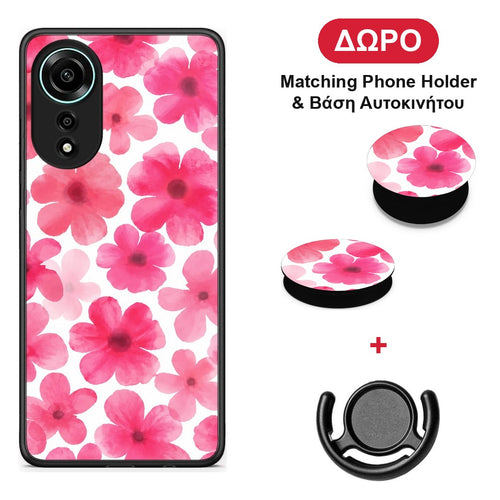 Pink Watercolour Flowers on White - Oppo A78 4G θήκη + Δώρο Phone Holder & Βάση Αυτοκινήτου