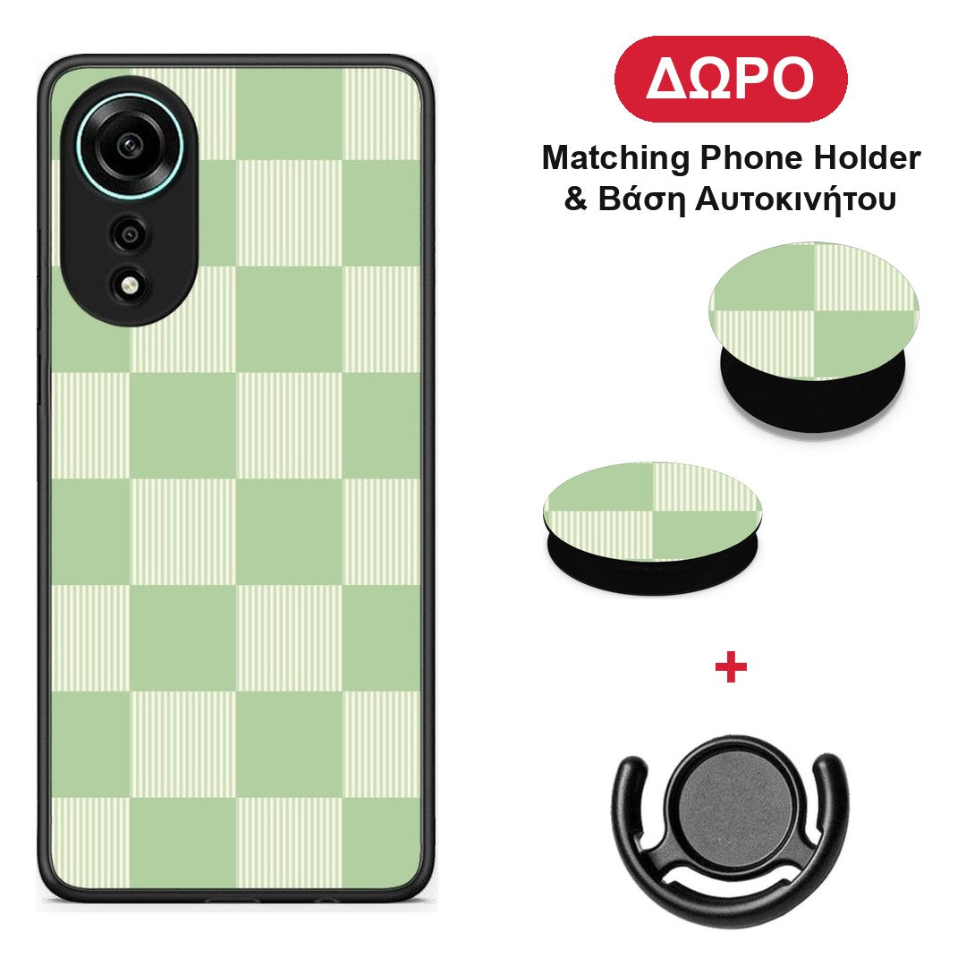 Sage and Cream Striped Checks - Oppo A78 4G θήκη + Δώρο Phone Holder & Βάση Αυτοκινήτου