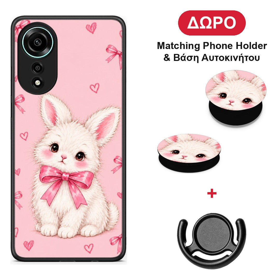 White Bunny and Pink Bows - Oppo A78 4G θήκη + Δώρο Phone Holder & Βάση Αυτοκινήτου