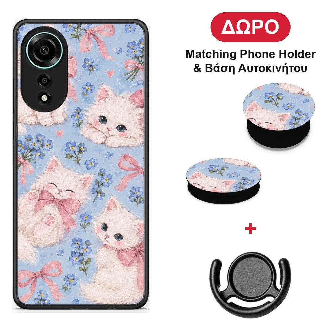 White Kittens and Blue Flowers Large - Oppo A78 4G θήκη + Δώρο Phone Holder & Βάση Αυτοκινήτου