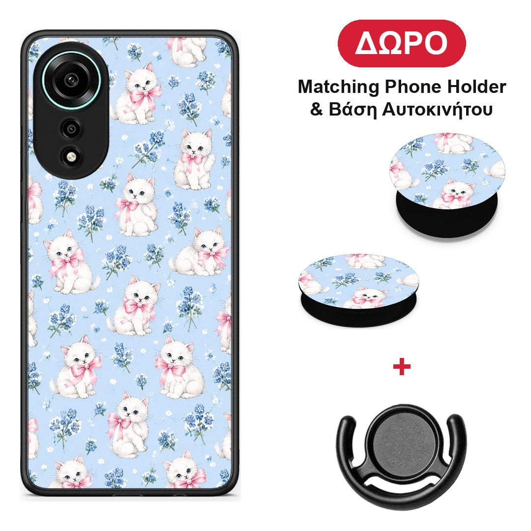 White Kittens and Blue Flowers Small - Oppo A78 4G θήκη + Δώρο Phone Holder & Βάση Αυτοκινήτου