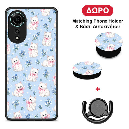 White Kittens and Blue Flowers Small - Oppo A78 4G θήκη + Δώρο Phone Holder & Βάση Αυτοκινήτου