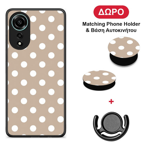White Polka Dots on Taupe - Oppo A78 4G θήκη + Δώρο Phone Holder & Βάση Αυτοκινήτου