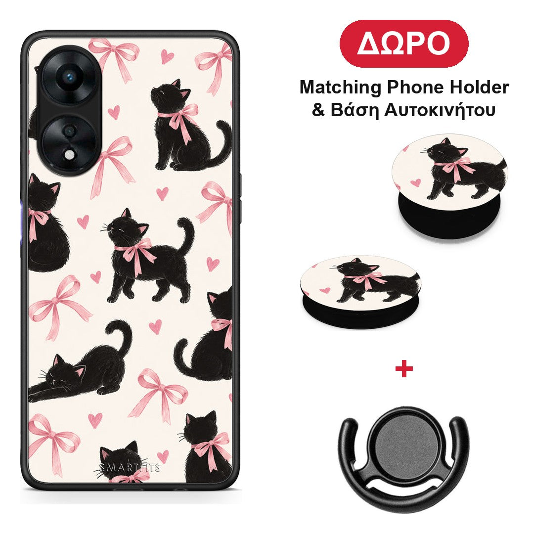 Black Kittens and Pink Bows on Cream Large - Oppo A78 5G θήκη + Δώρο Phone Holder & Βάση Αυτοκινήτου