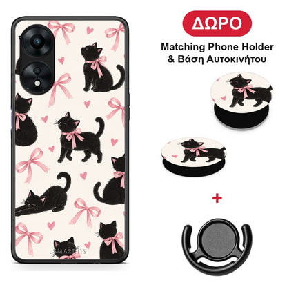 Black Kittens and Pink Bows on Cream Large - Oppo A78 5G θήκη + Δώρο Phone Holder & Βάση Αυτοκινήτου