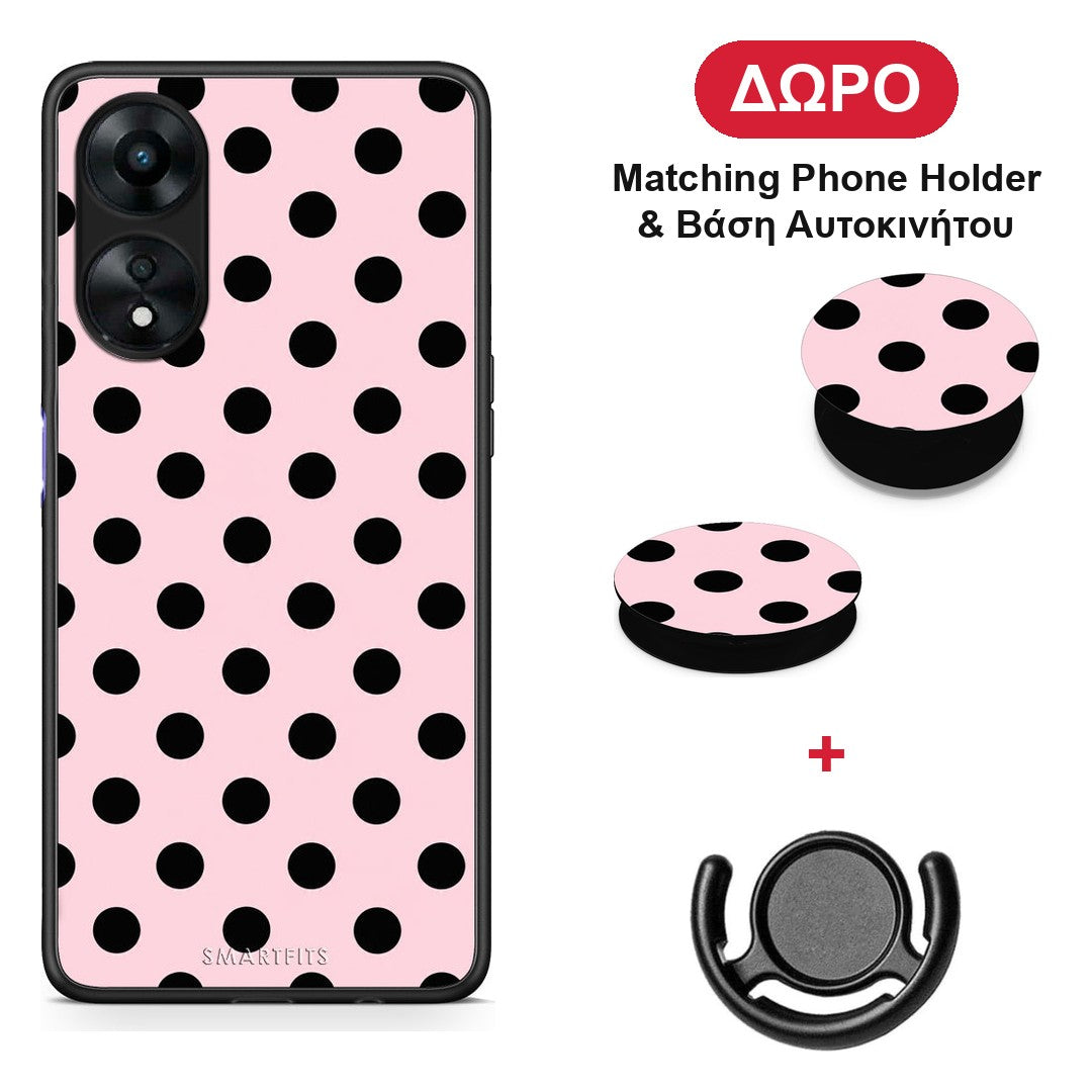Black Polka Dots on Pink - Oppo A78 5G θήκη + Δώρο Phone Holder & Βάση Αυτοκινήτου