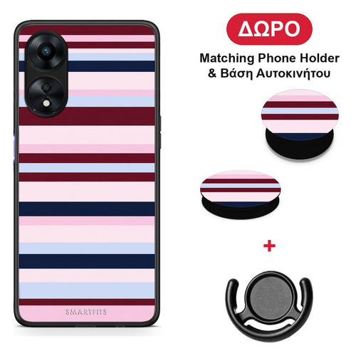 Burgundy Pink and Blue Horizontal Stripes - Oppo A78 5G θήκη + Δώρο Phone Holder & Βάση Αυτοκινήτου