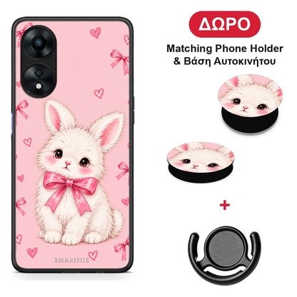 White Bunny and Pink Bows - Oppo A78 5G θήκη + Δώρο Phone Holder & Βάση Αυτοκινήτου