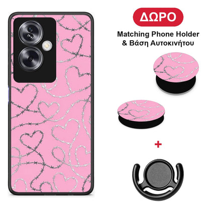 Barbed Wire Hearts on Pink - Oppo A79 / A2 θήκη + Δώρο Phone Holder & Βάση Αυτοκινήτου