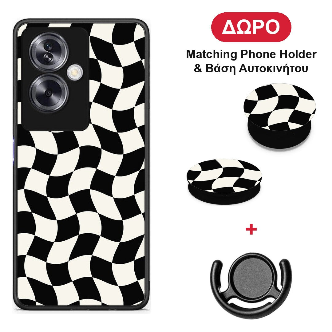 Black and Cream Wavy Checkerboard - Oppo A79 / A2 θήκη + Δώρο Phone Holder & Βάση Αυτοκινήτου