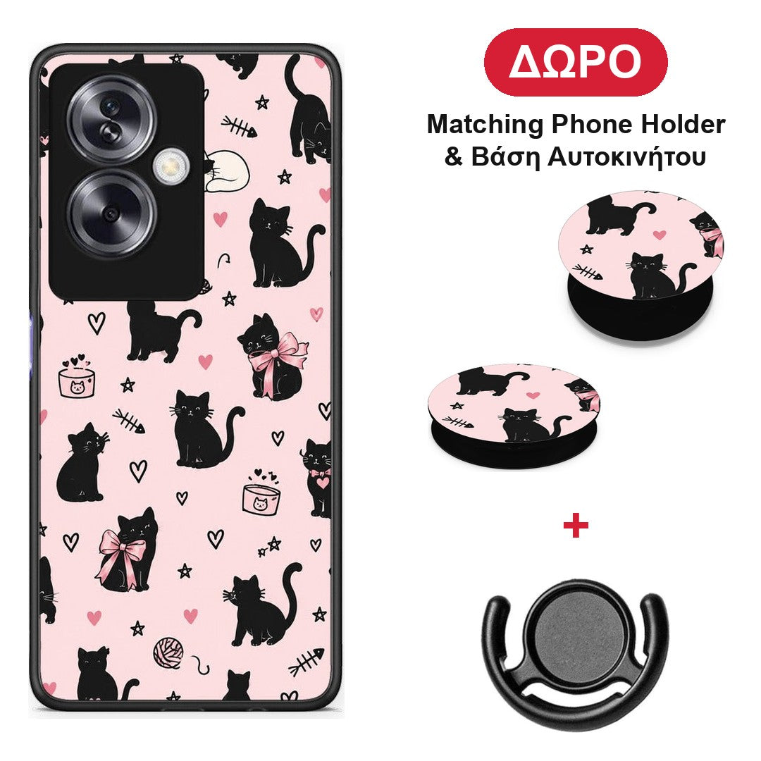 Black Cat Doodles on Pink - Oppo A79 / A2 θήκη + Δώρο Phone Holder & Βάση Αυτοκινήτου