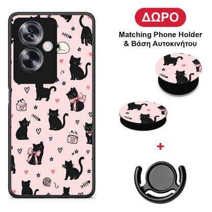 Black Cat Doodles on Pink - Oppo A79 / A2 θήκη + Δώρο Phone Holder & Βάση Αυτοκινήτου