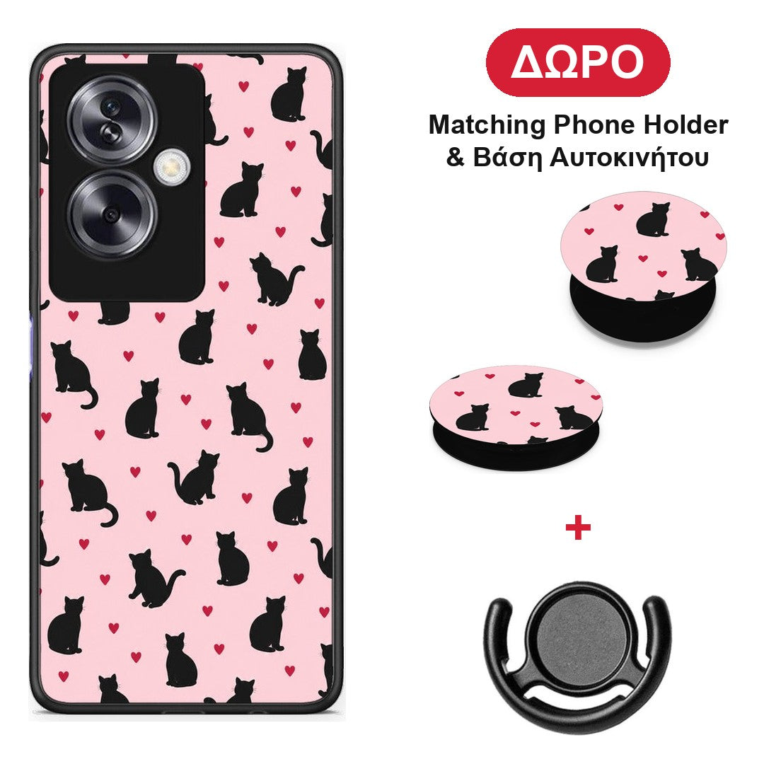 Black Cat Silhouettes and Hearts on Pink - Oppo A79 / A2 θήκη + Δώρο Phone Holder & Βάση Αυτοκινήτου