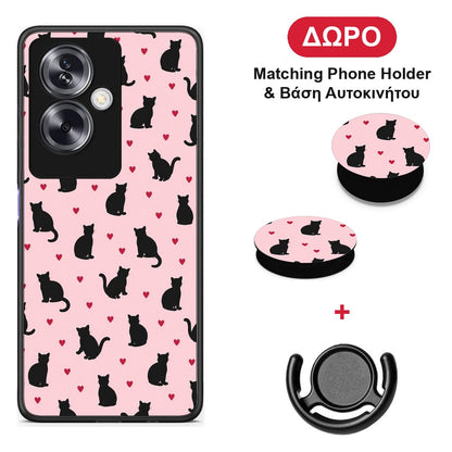 Black Cat Silhouettes and Hearts on Pink - Oppo A79 / A2 θήκη + Δώρο Phone Holder & Βάση Αυτοκινήτου