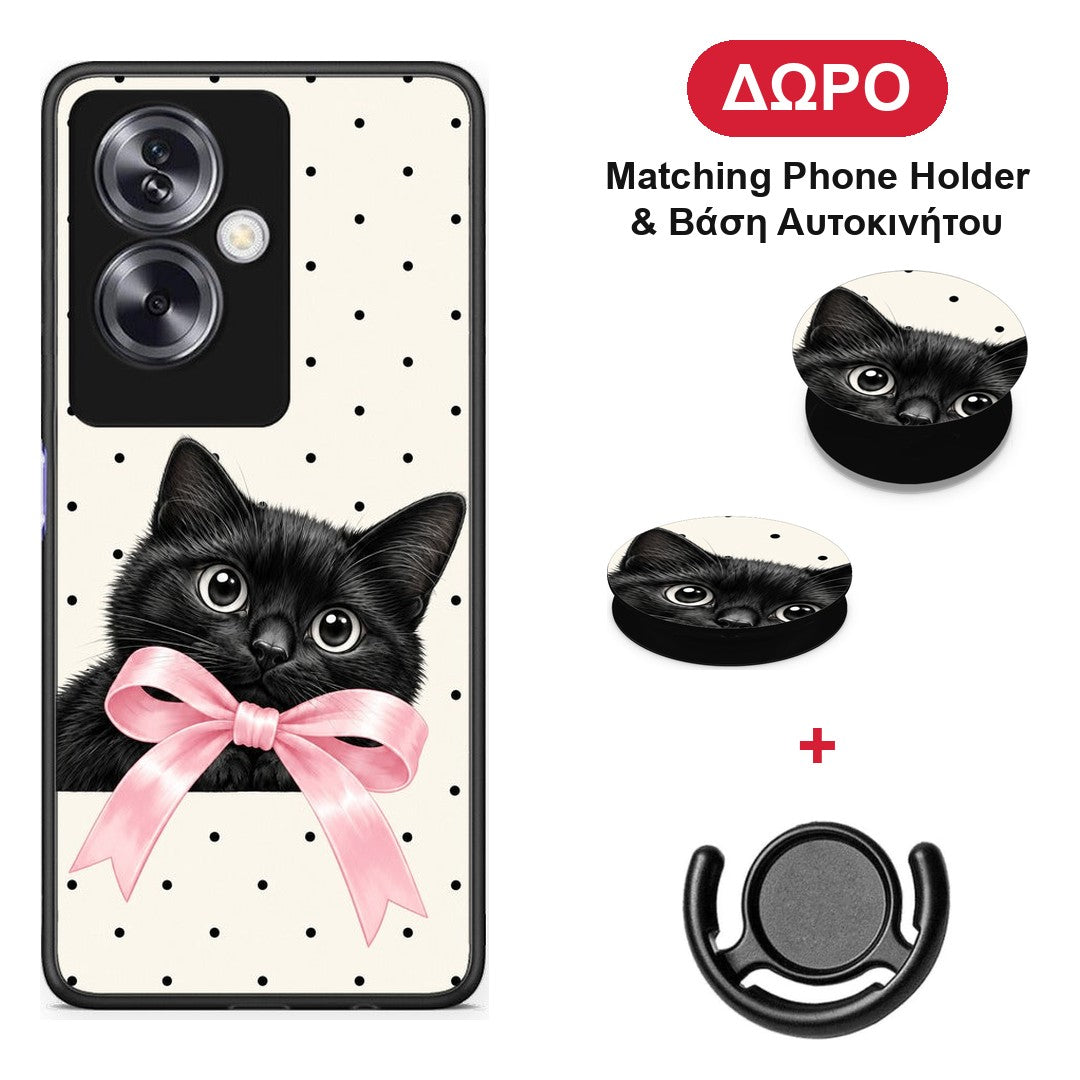 Black Kitten Pink Bow and Polka Dots - Oppo A79 / A2 θήκη + Δώρο Phone Holder & Βάση Αυτοκινήτου