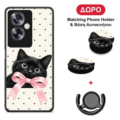 Black Kitten Pink Bow and Polka Dots - Oppo A79 / A2 θήκη + Δώρο Phone Holder & Βάση Αυτοκινήτου