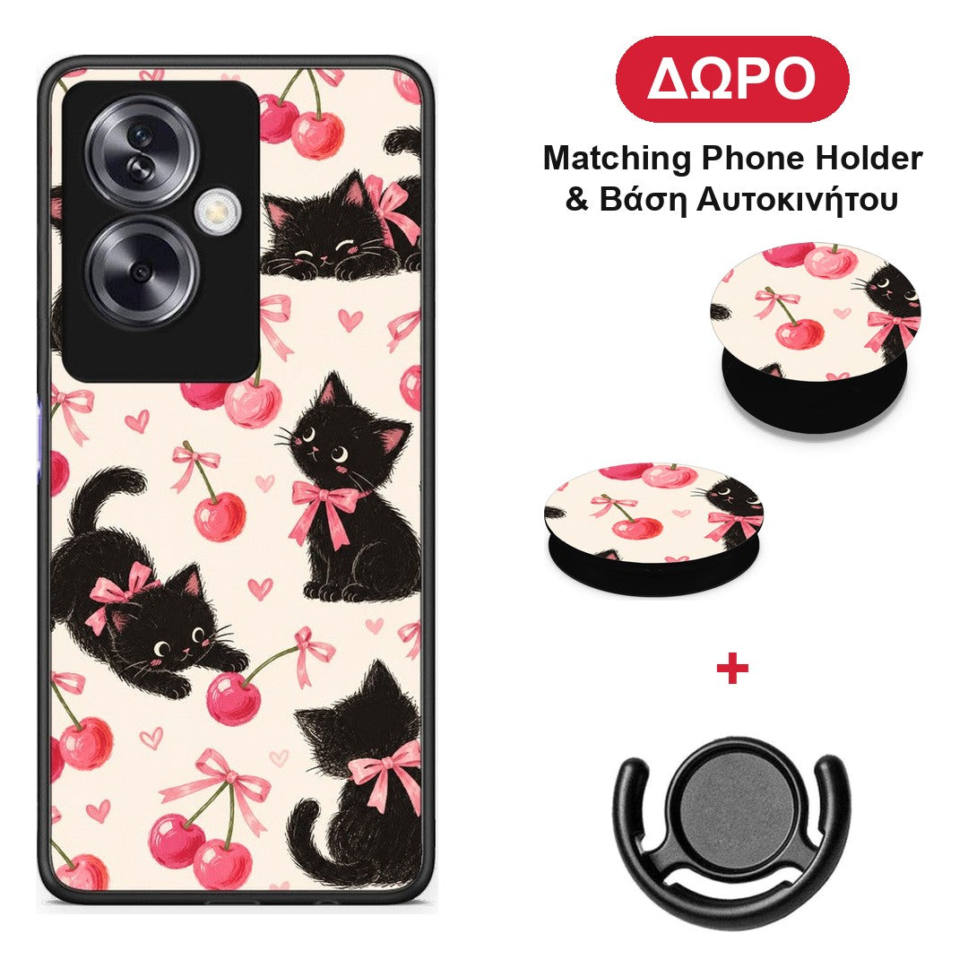 Black Kittens and Cherries on Cream - Oppo A79 / A2 θήκη + Δώρο Phone Holder & Βάση Αυτοκινήτου