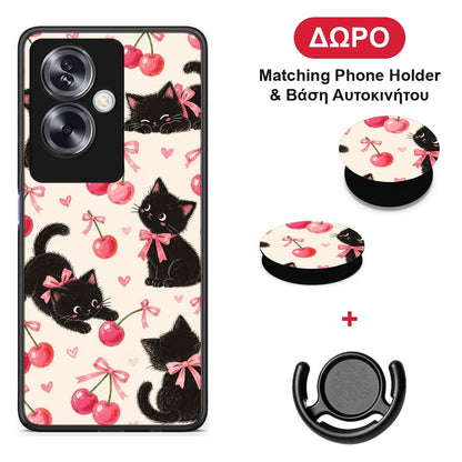 Black Kittens and Cherries on Cream - Oppo A79 / A2 θήκη + Δώρο Phone Holder & Βάση Αυτοκινήτου