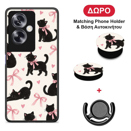 Black Kittens and Pink Bows on Cream Large - Oppo A79 / A2 θήκη + Δώρο Phone Holder & Βάση Αυτοκινήτου