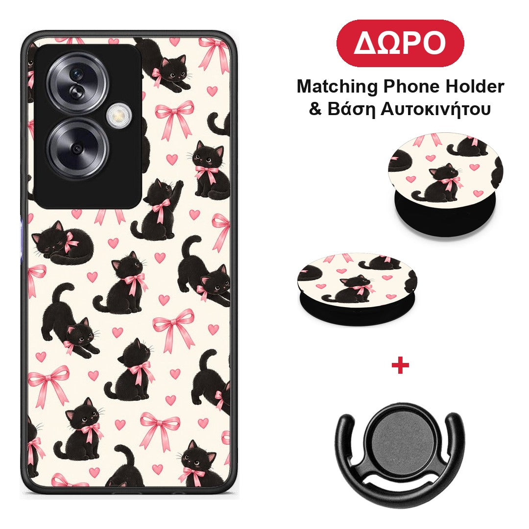 Black Kittens and Pink Bows on Cream Small - Oppo A79 / A2 θήκη + Δώρο Phone Holder & Βάση Αυτοκινήτου