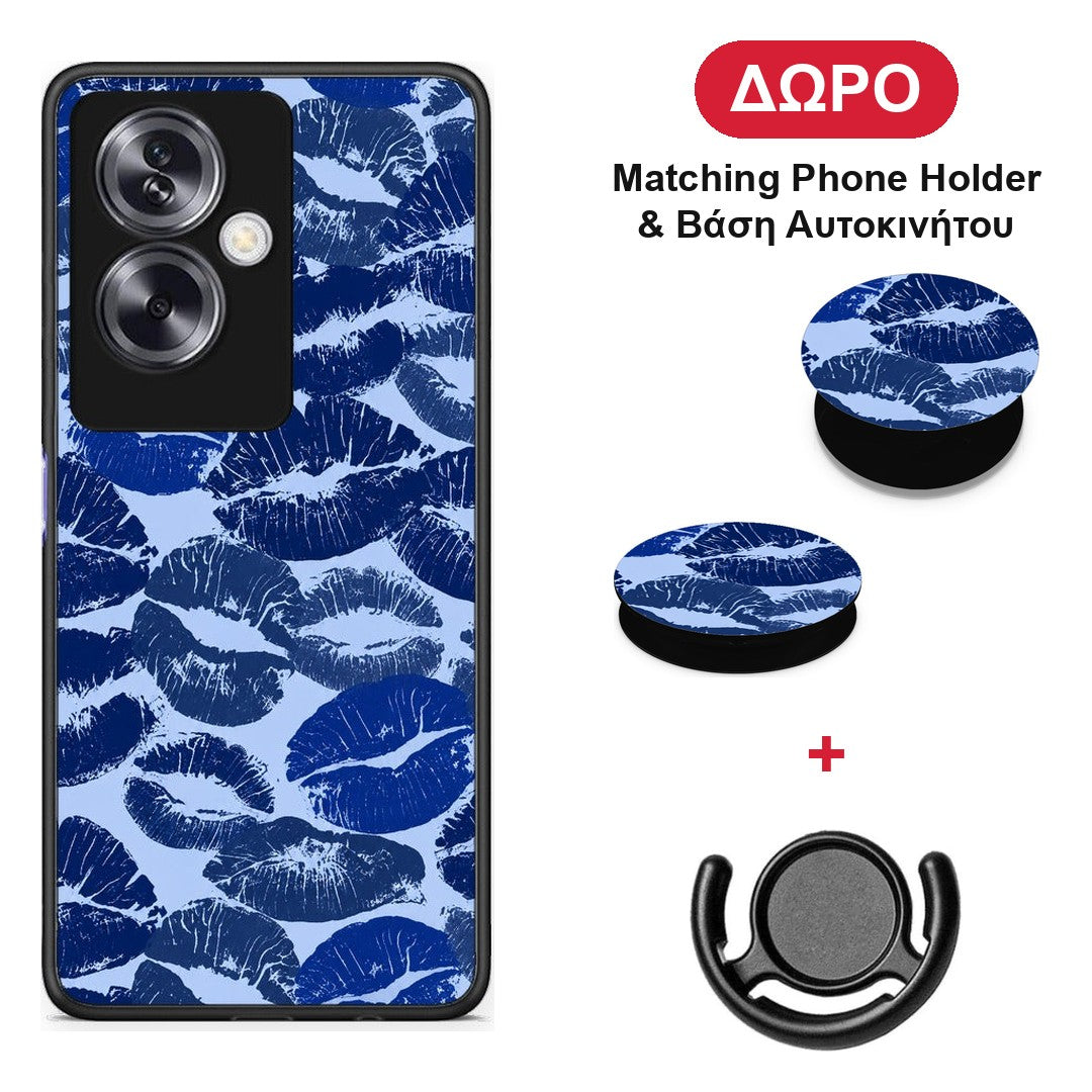 Blue Lipstick Kisses - Oppo A79 / A2 θήκη + Δώρο Phone Holder & Βάση Αυτοκινήτου