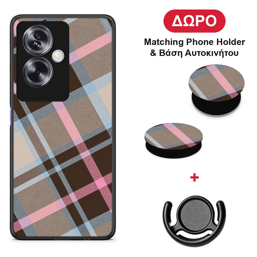 Brown Pink and Blue Diagonal Plaid - Oppo A79 / A2 θήκη + Δώρο Phone Holder & Βάση Αυτοκινήτου