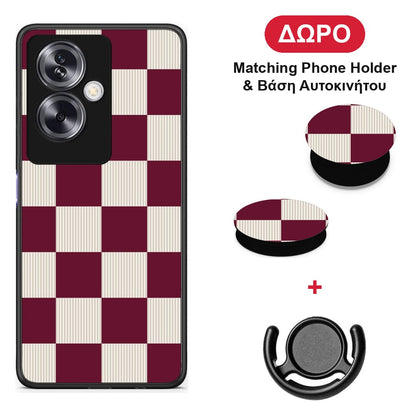 Burgundy and Cream Striped Checks - Oppo A79 / A2 θήκη + Δώρο Phone Holder & Βάση Αυτοκινήτου