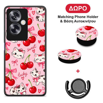 Cherries Bows and Kittens on Pink - Oppo A79 / A2 θήκη + Δώρο Phone Holder & Βάση Αυτοκινήτου