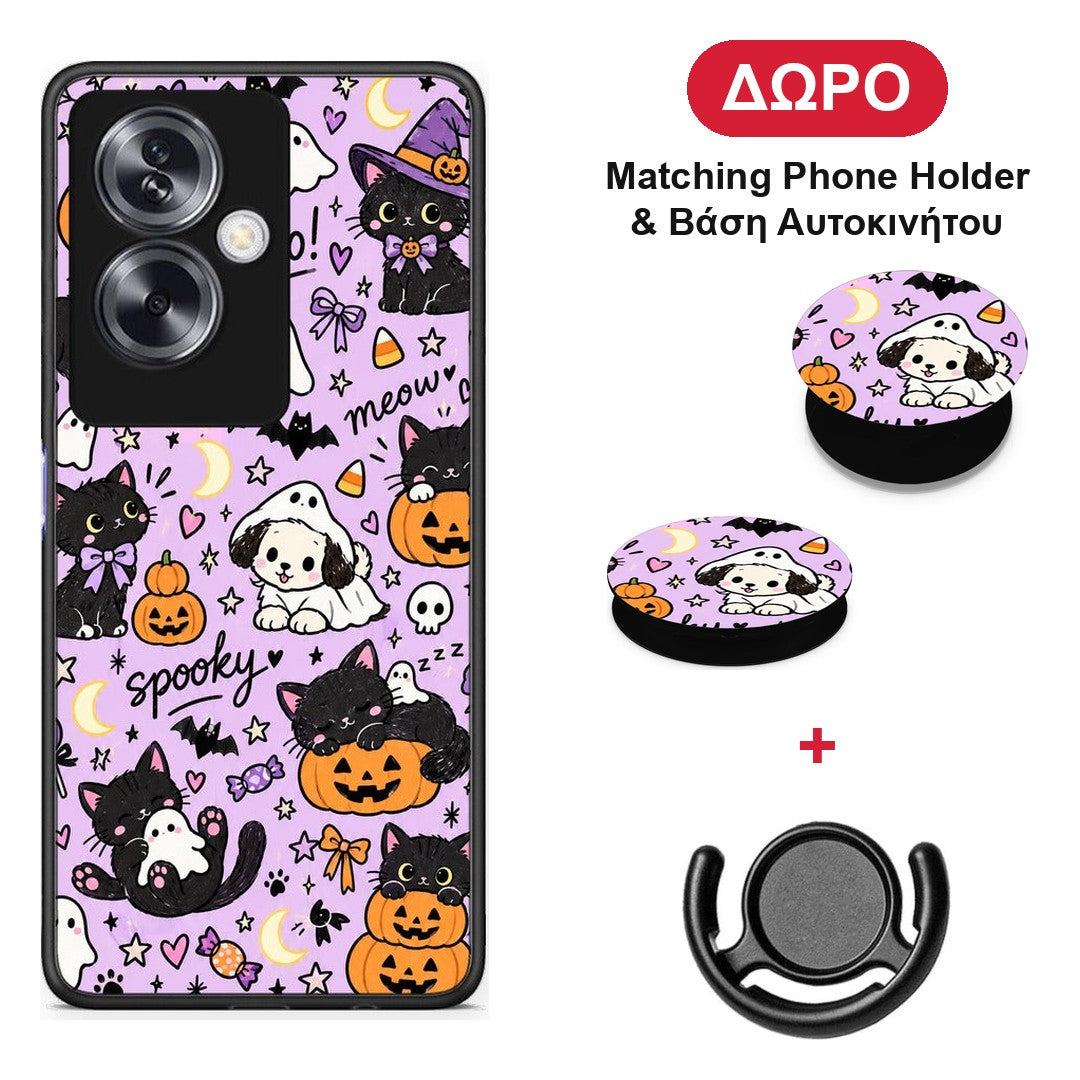 Halloween Black Cats on Lilac - Oppo A79 / A2 θήκη + Δώρο Phone Holder & Βάση Αυτοκινήτου