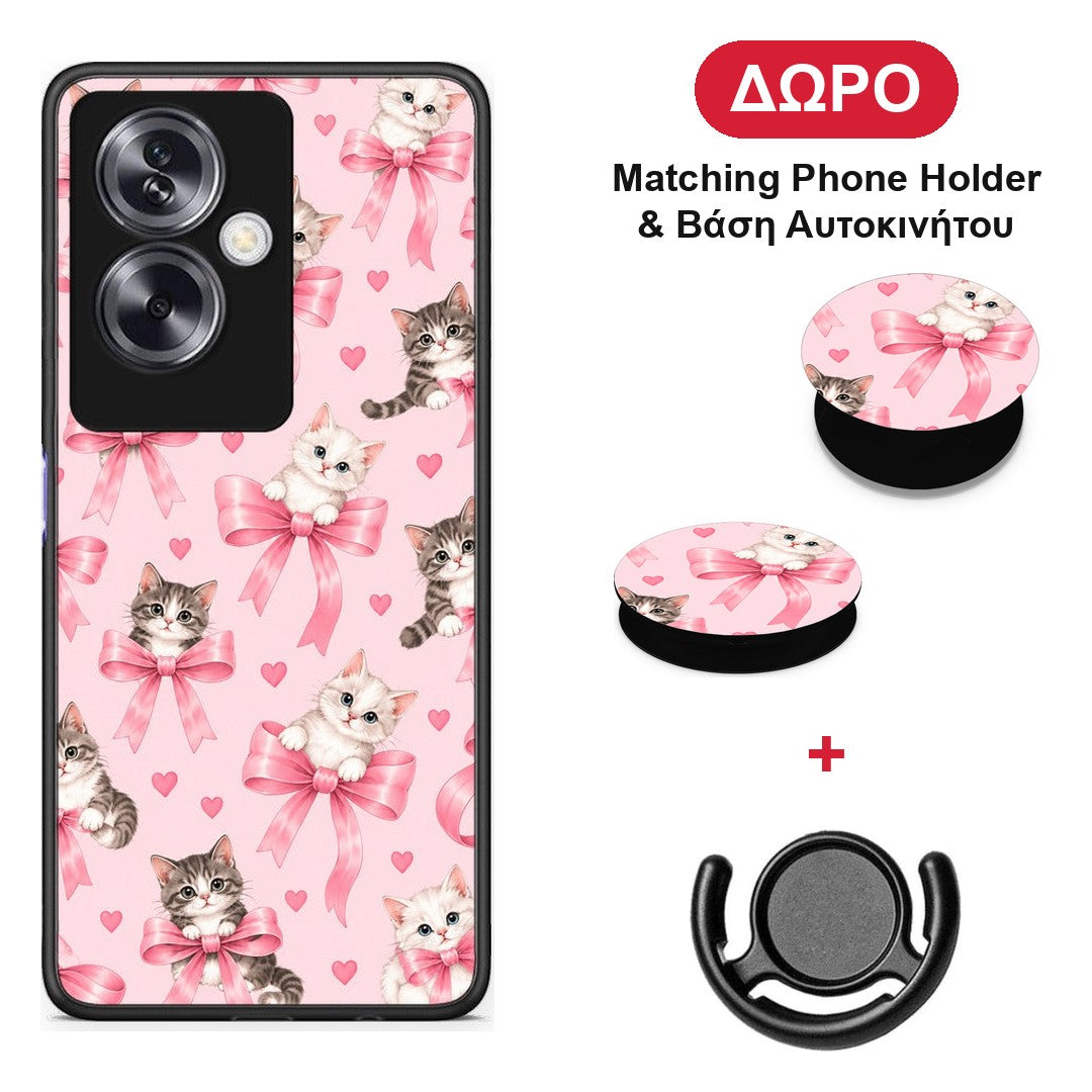 Kittens and Pink Bows on Pink - Oppo A79 / A2 θήκη + Δώρο Phone Holder & Βάση Αυτοκινήτου