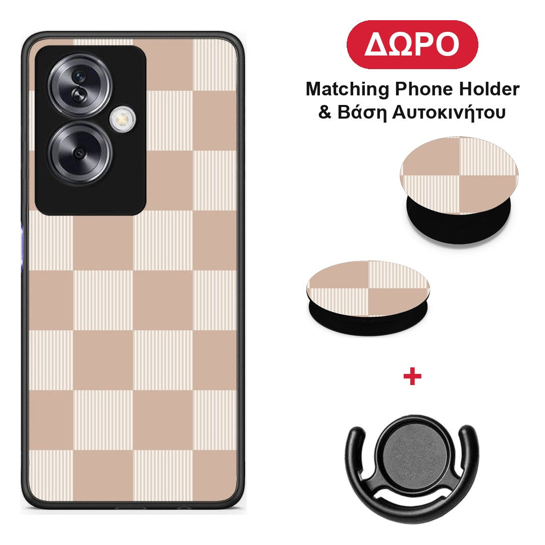 Latte and Cream Striped Checks - Oppo A79 / A2 θήκη + Δώρο Phone Holder & Βάση Αυτοκινήτου