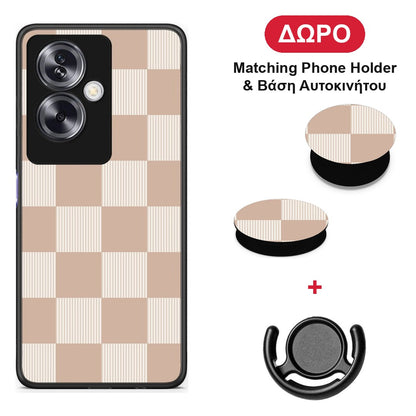 Latte and Cream Striped Checks - Oppo A79 / A2 θήκη + Δώρο Phone Holder & Βάση Αυτοκινήτου